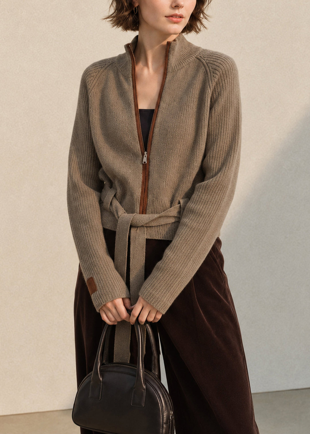 Women's Cardigan with Stand-Up Collar, Zipper, and Lacing