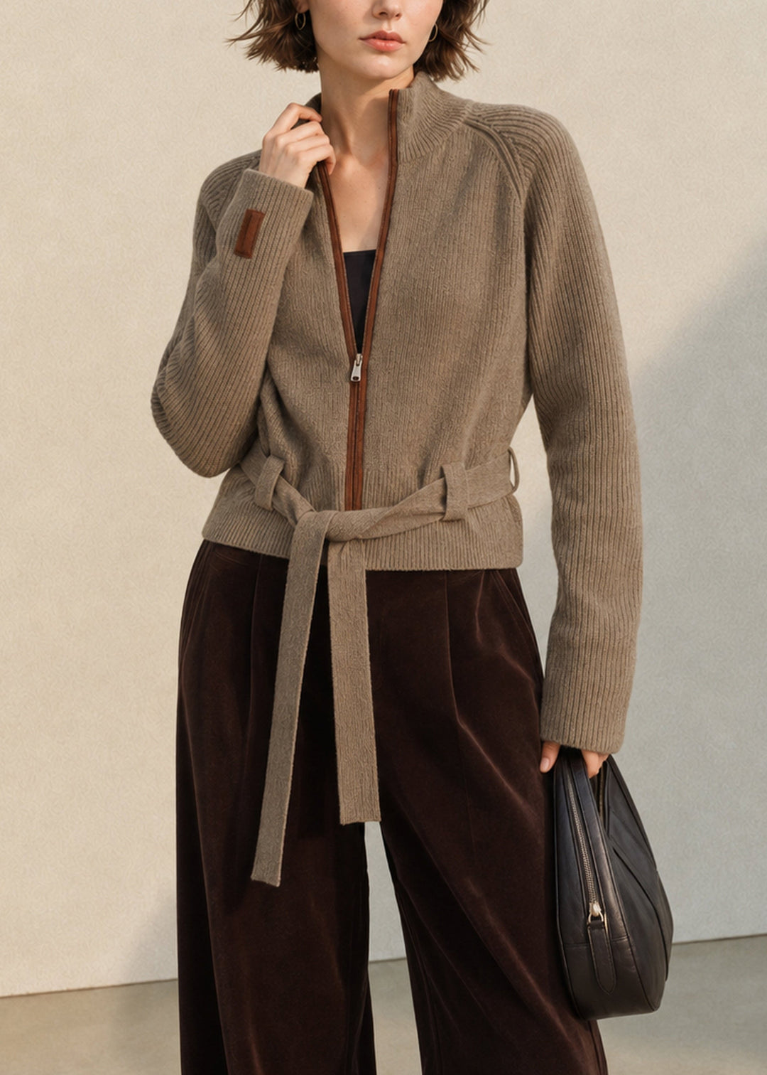 Women's Cardigan with Stand-Up Collar, Zipper, and Lacing