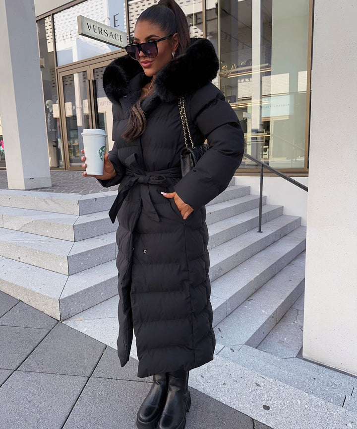 Women's Long Quilted Winter Parka with Hood and Belt, view 7 - Elena Harper