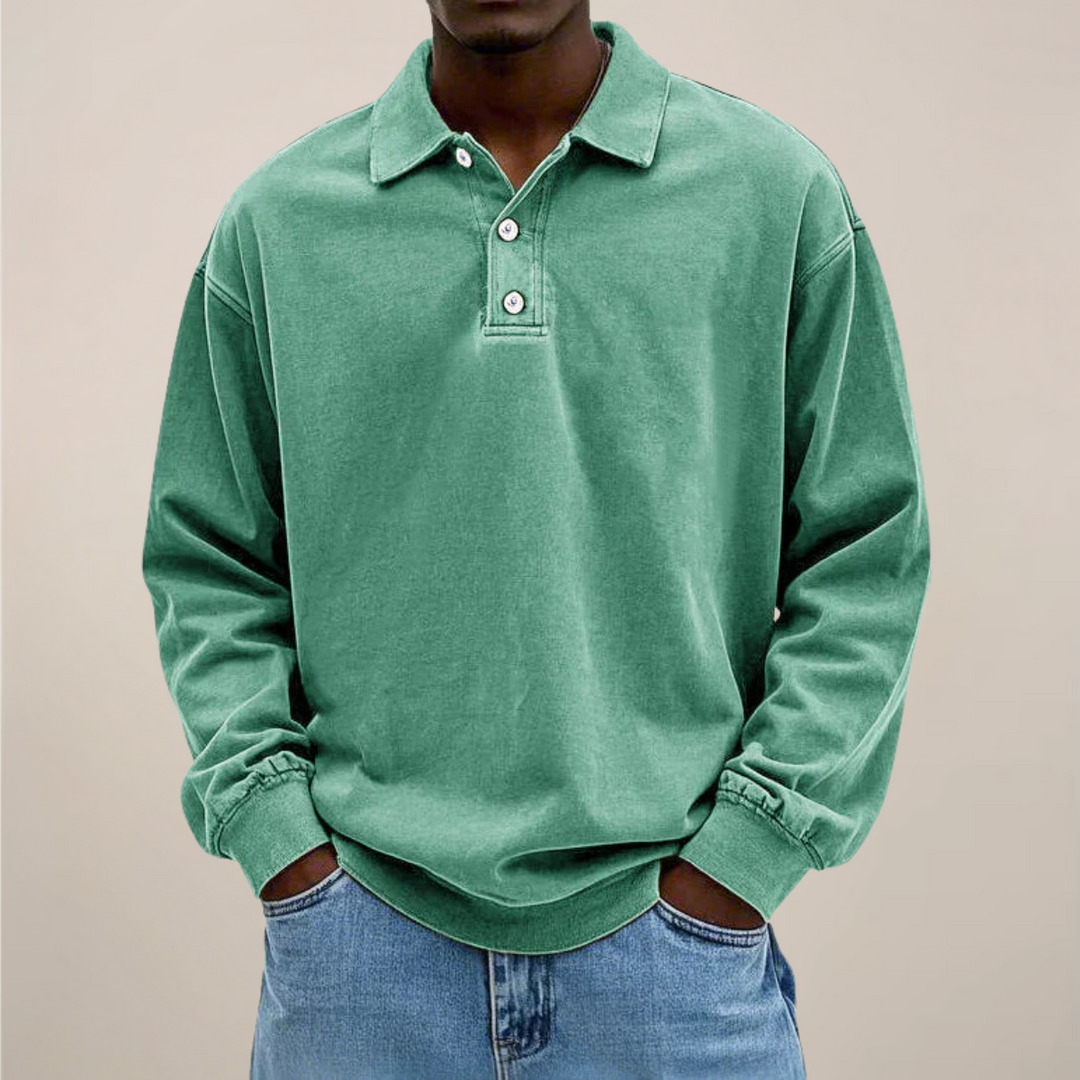 Men's Long-Sleeve Polo Shirt with Button Placket and Relaxed Fit