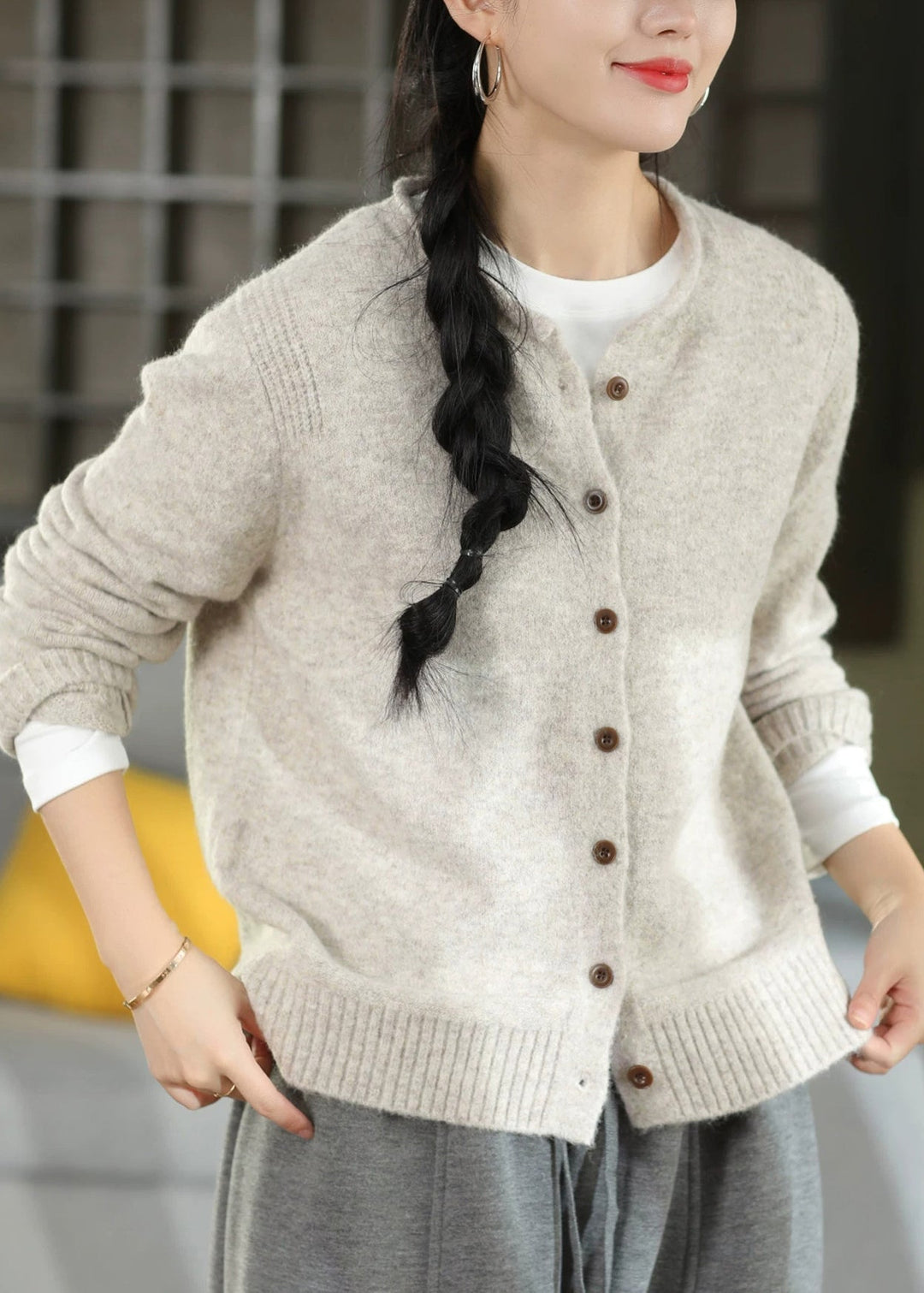 Women's Cardigan with Round Neck and Loose Fit