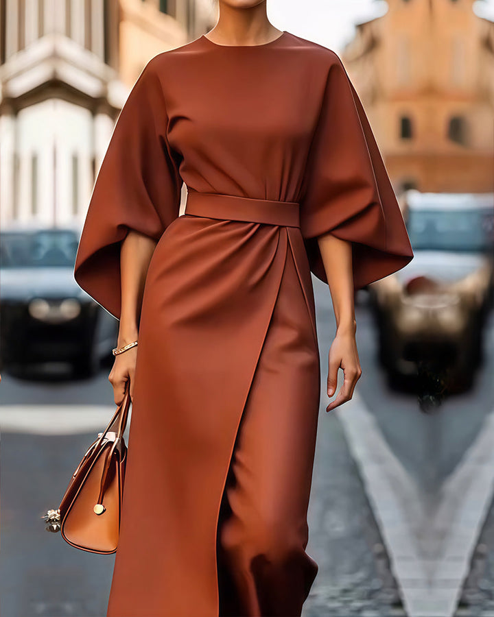 Ladies Elegant Midi Dress with Belt and Wide Sleeves
