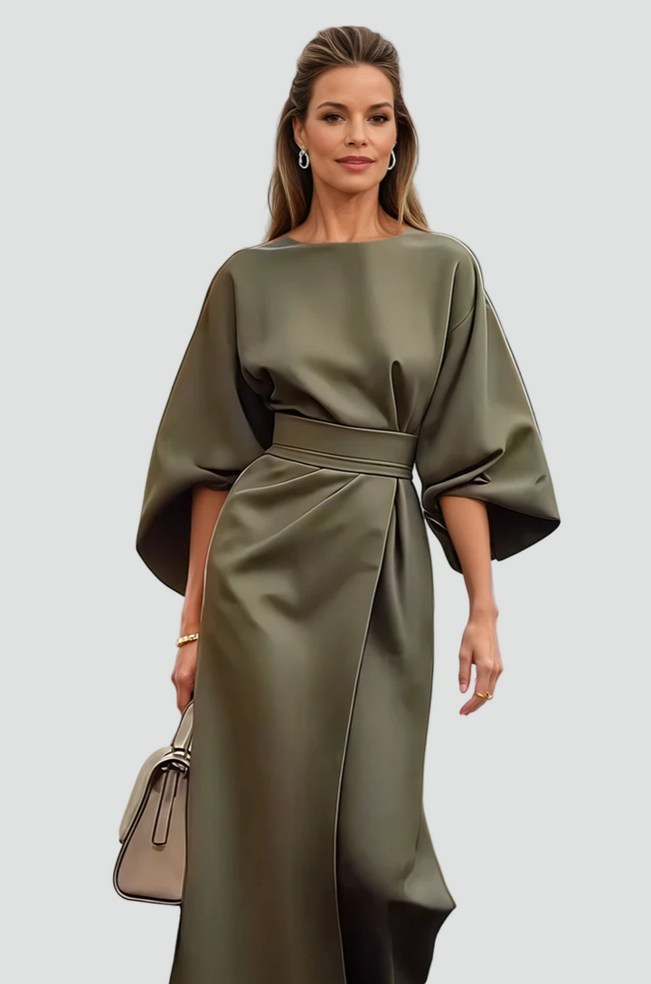 Ladies Elegant Midi Dress with Belt and Wide Sleeves