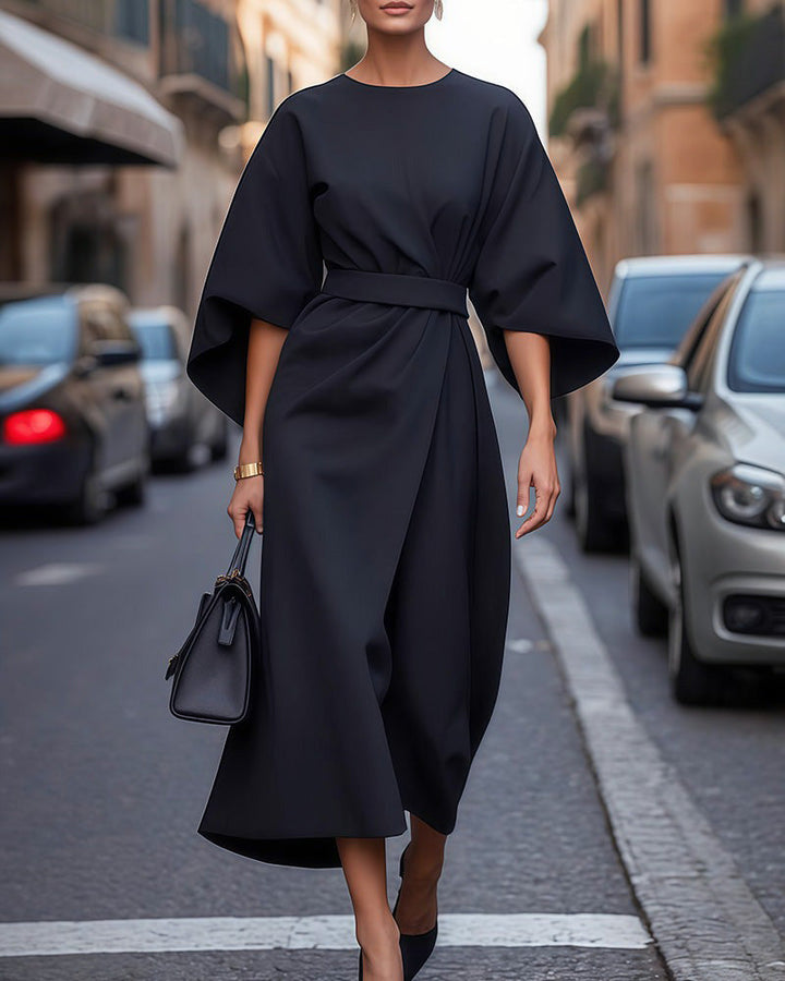 Ladies Elegant Midi Dress with Belt and Wide Sleeves