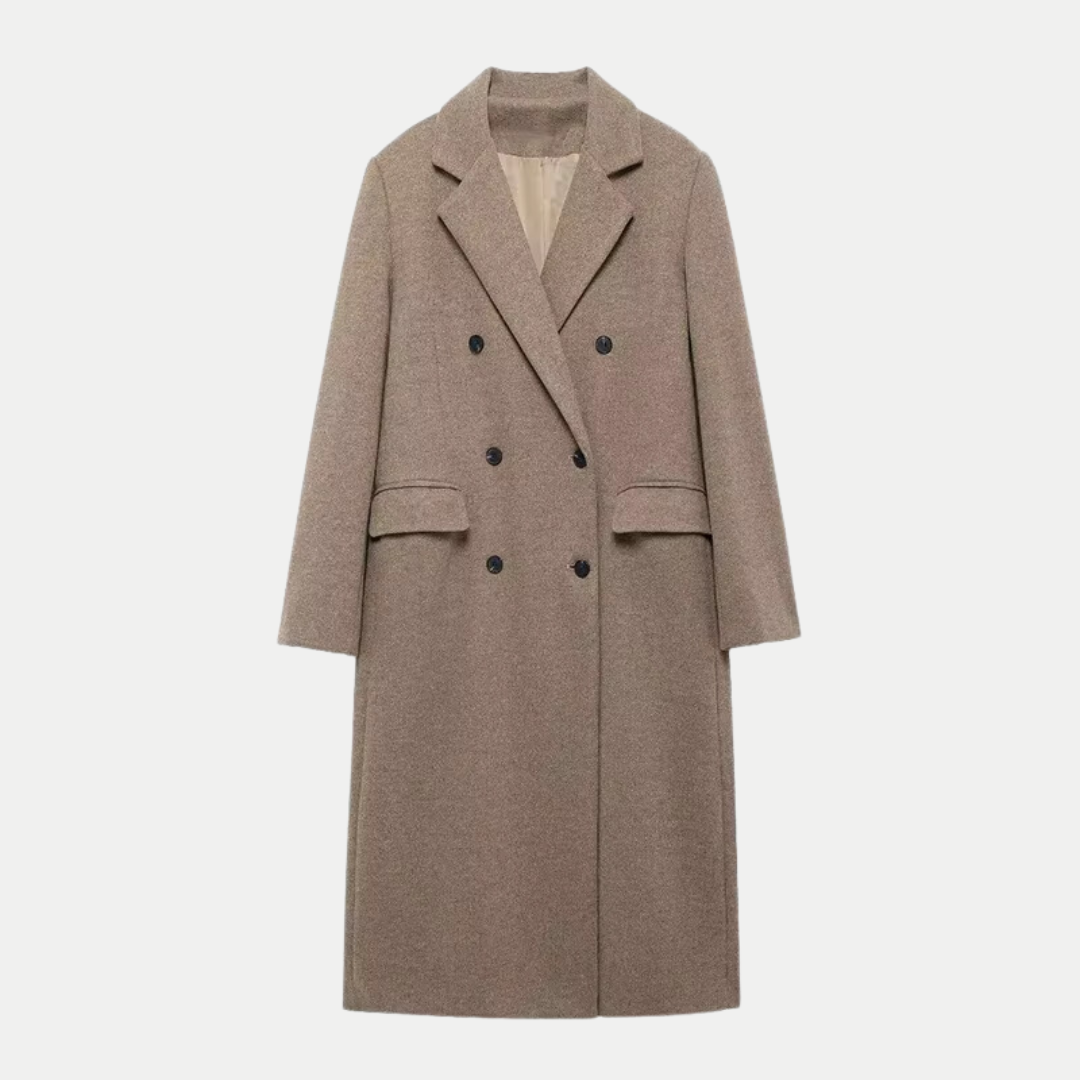 Sophisticated Long Crossed Wool Coat in Taupe for Women