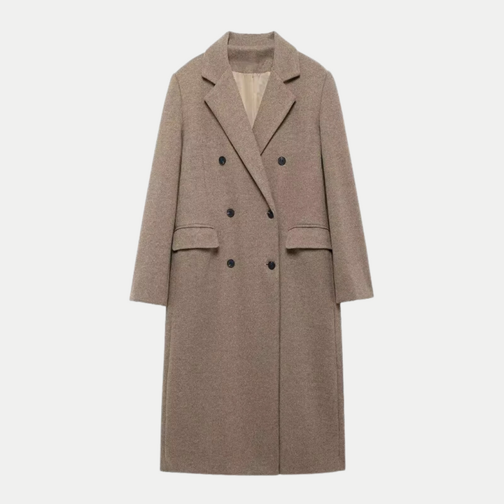 Sophisticated Long Crossed Wool Coat in Taupe for Women