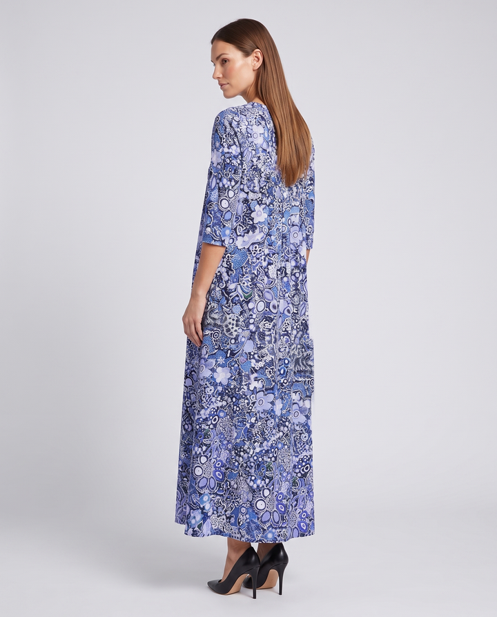 Blue Floral Boho Midi Dress Three Quarter Sleeve