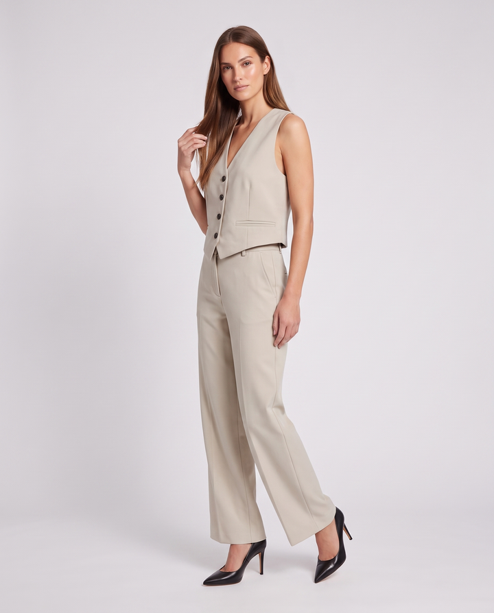 Beige Waistcoat and Wide Leg Trouser Set
