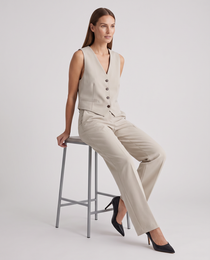 Beige Waistcoat and Wide Leg Trouser Set