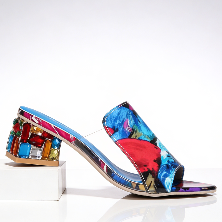 Ladies' Slippers with Rhinestones Block Heel - Peep-Toe Sandals
