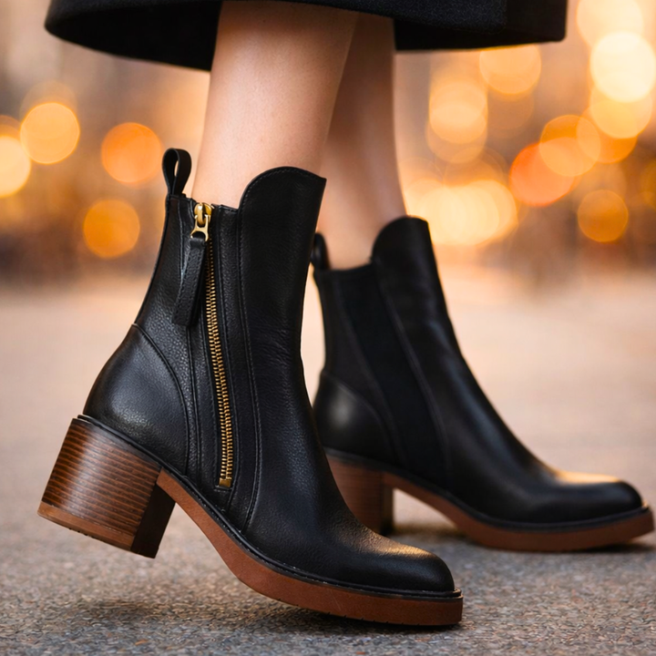 Women's Leather Heeled Ankle Boots – Stylish Ankle Boots with Cushioned Insole and Metal Zip
