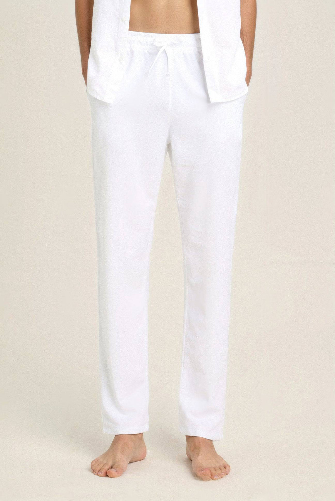 Flat lay of Emma & Rose Manhattan Wendy™ lightweight beach pants in stylish linen fabric, perfect for beach or casual wear.