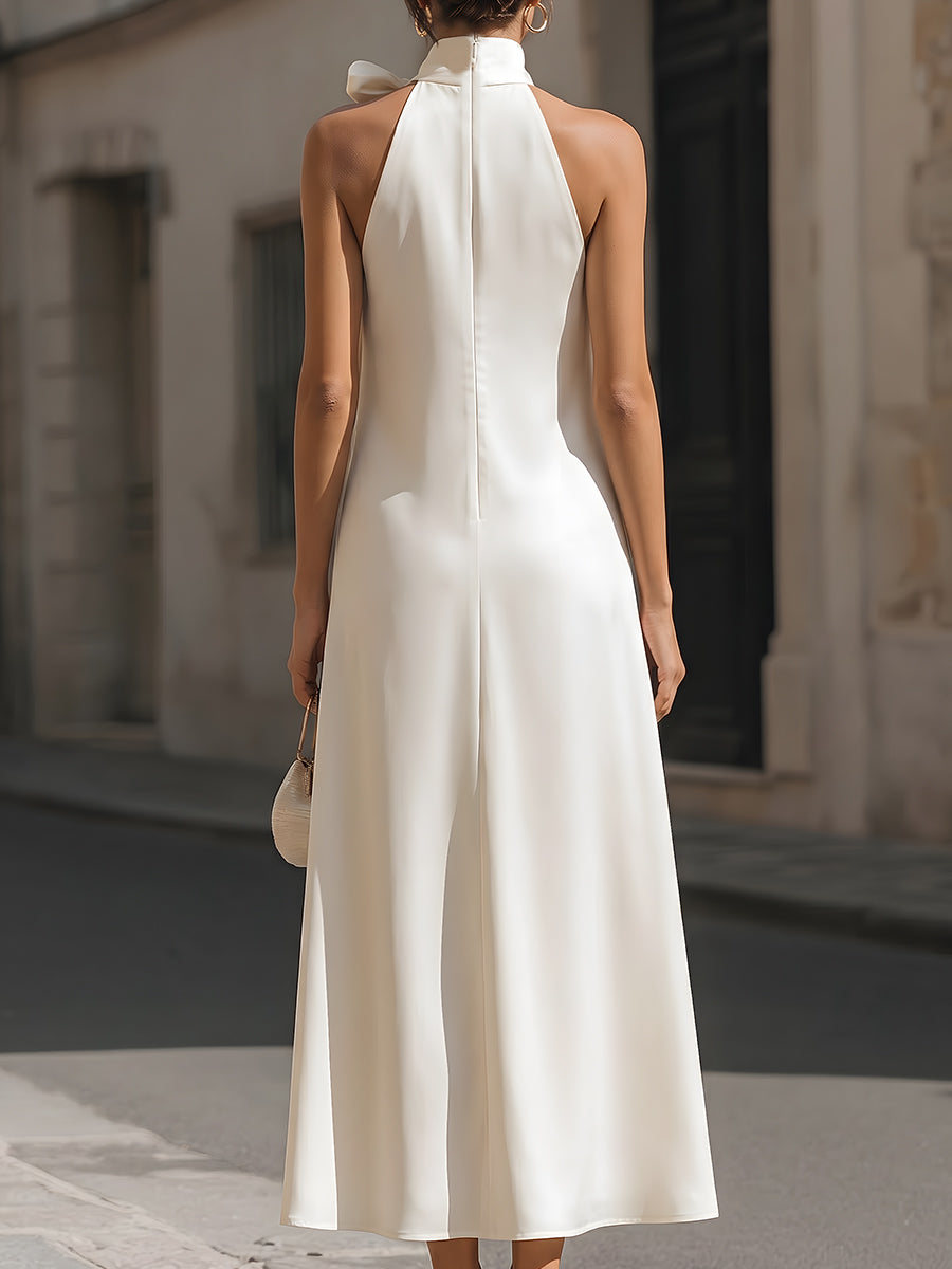 Elegant Ivory Satin Halter Maxi Dress - Elena Harper
