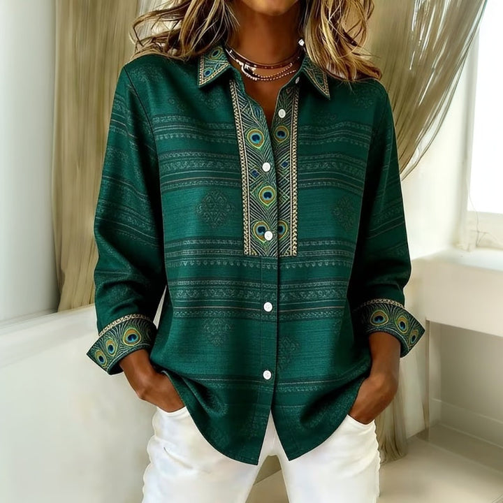 Women's Peacock Print Buttoned Collar Blouse