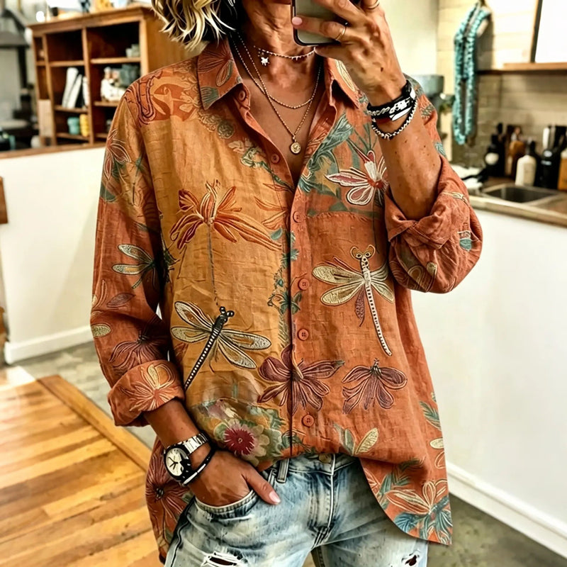 Vintage Dragonfly Print Shirt - Elena Harper