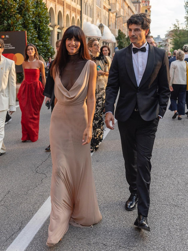 Sheer Mock Neck Cowl Front Maxi Dress