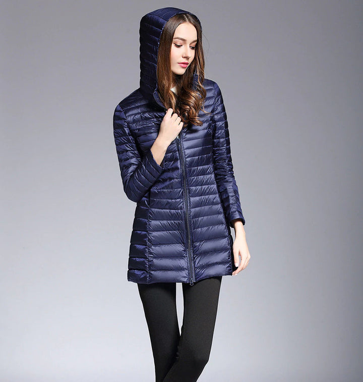Women's Long Hooded Puffer Jacket, view 2 - Elena Harper