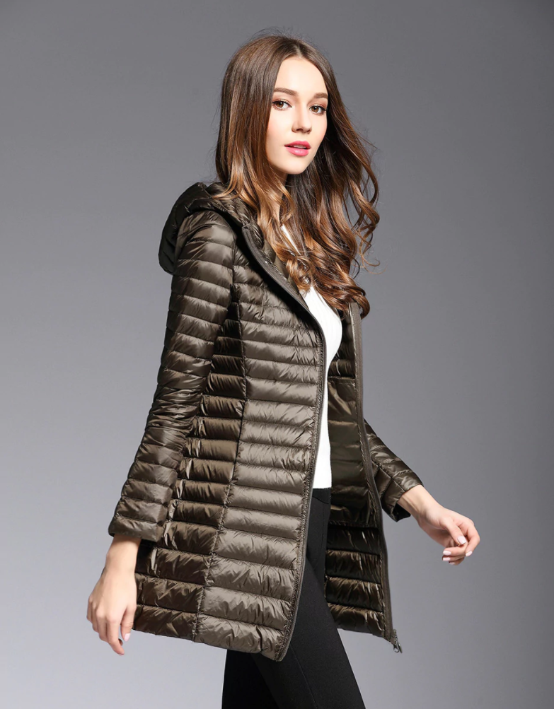 Women's Long Hooded Puffer Jacket, view 4 - Elena Harper
