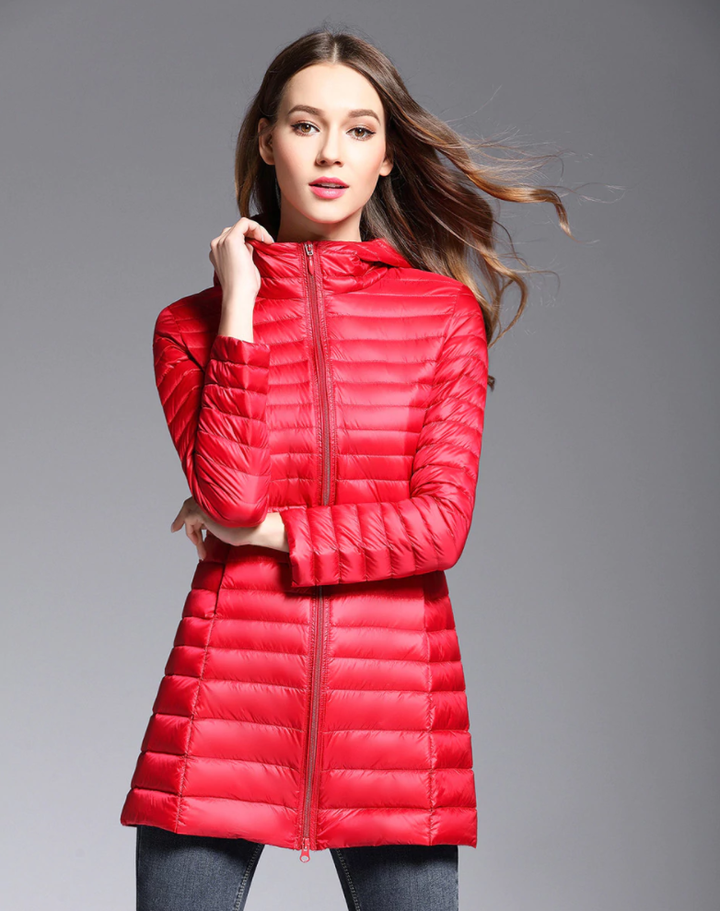 Women's Long Hooded Puffer Jacket, view 6 - Elena Harper