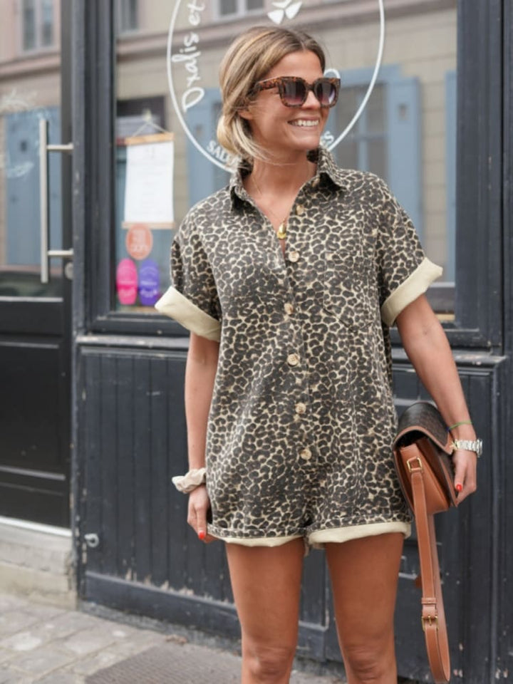 Short Printed Leopard Jumpsuit for Women – Casual Button-Up Lightweight