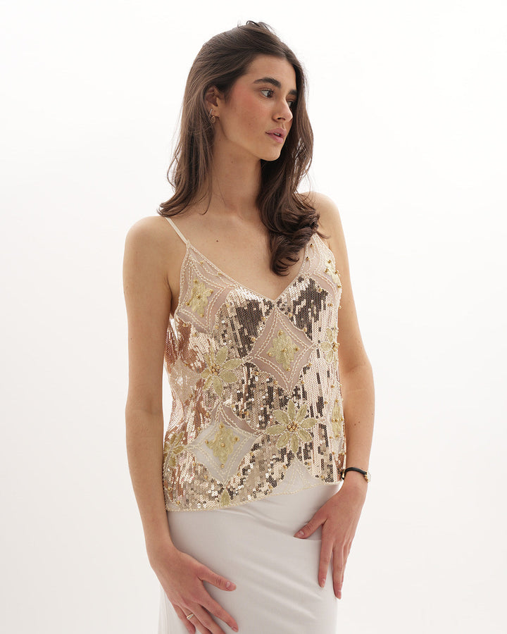 Beaded V Neck Top Elegant Evening and Occasion Wear