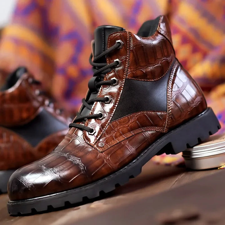 Men's Alligator Embossed Combat Ankle Boots, view 2 - Elena Harper
