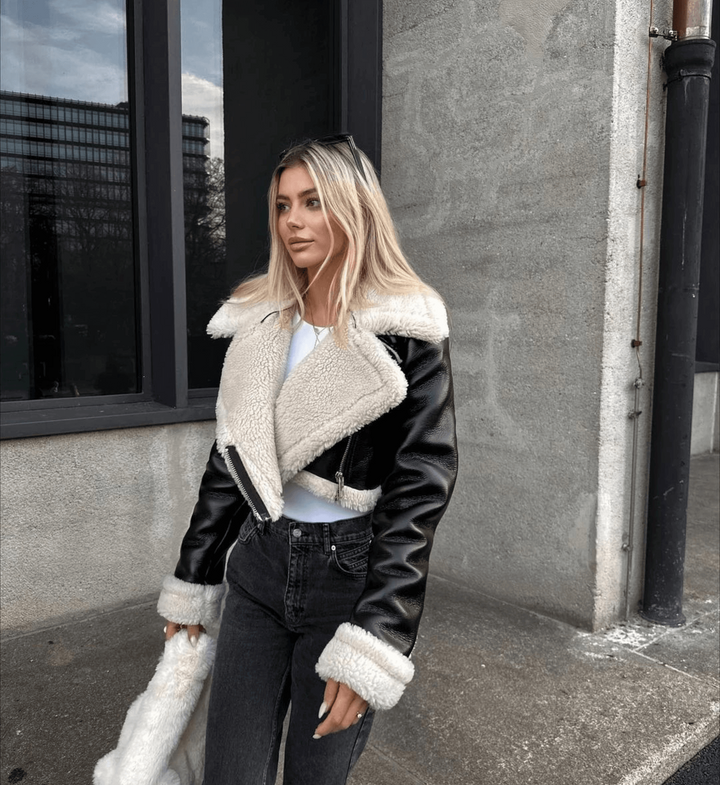 Dahlia - Casual Teddy Leather Crop Jacket
