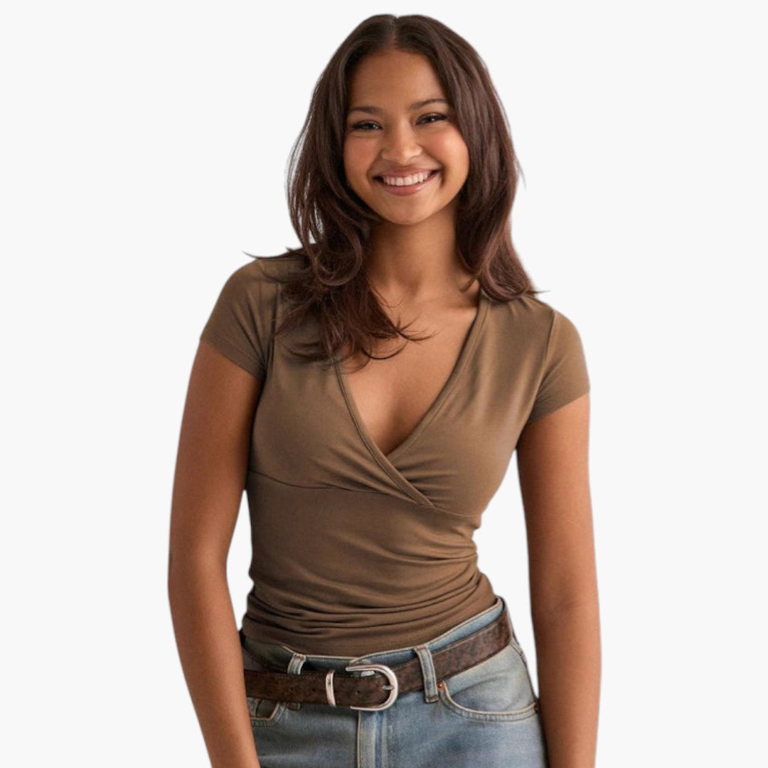 Women's V-Neck T-Shirt with Wrap Detail Short Sleeve