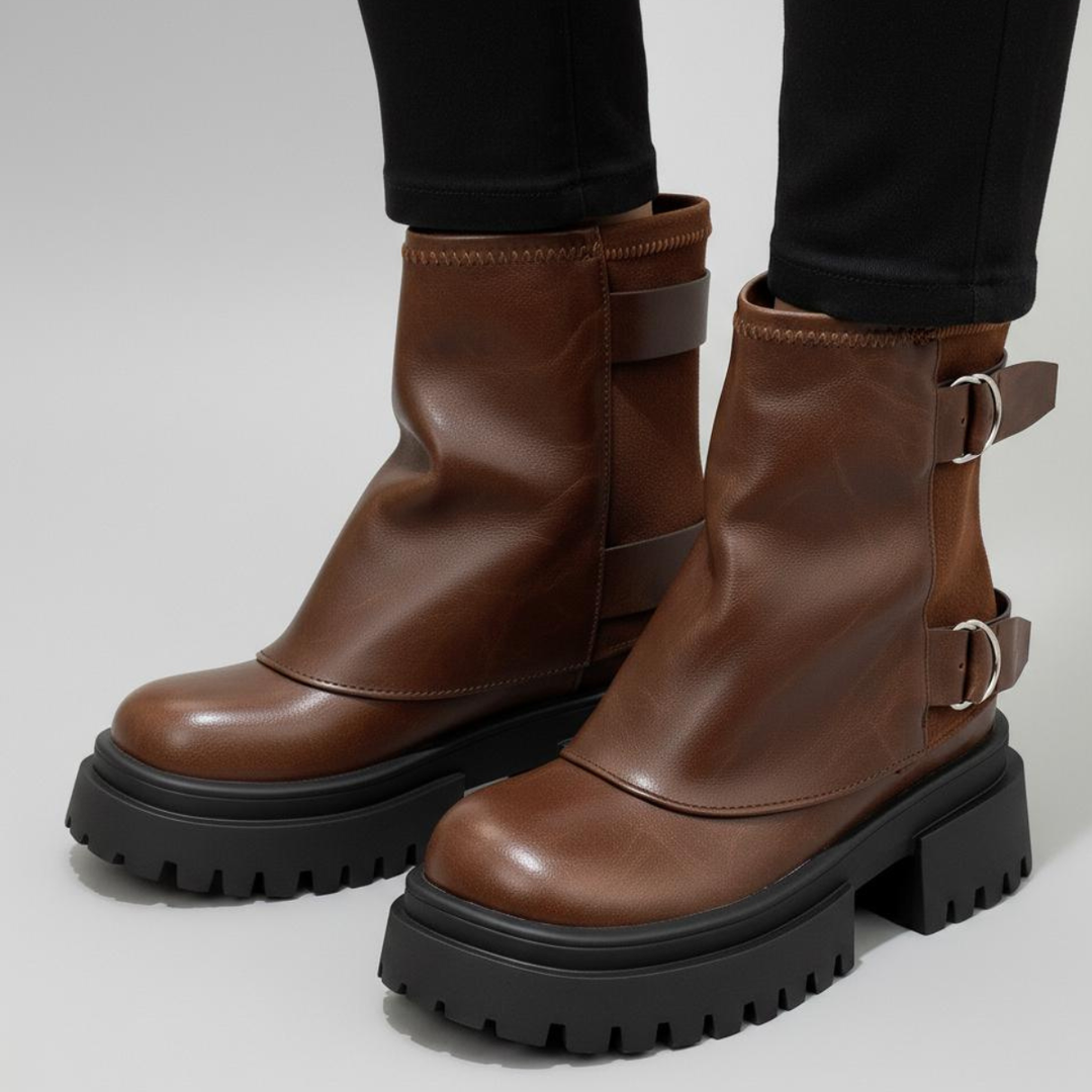 Women's Boots Double Buckle Adjustable Block Heel with Profile Sole