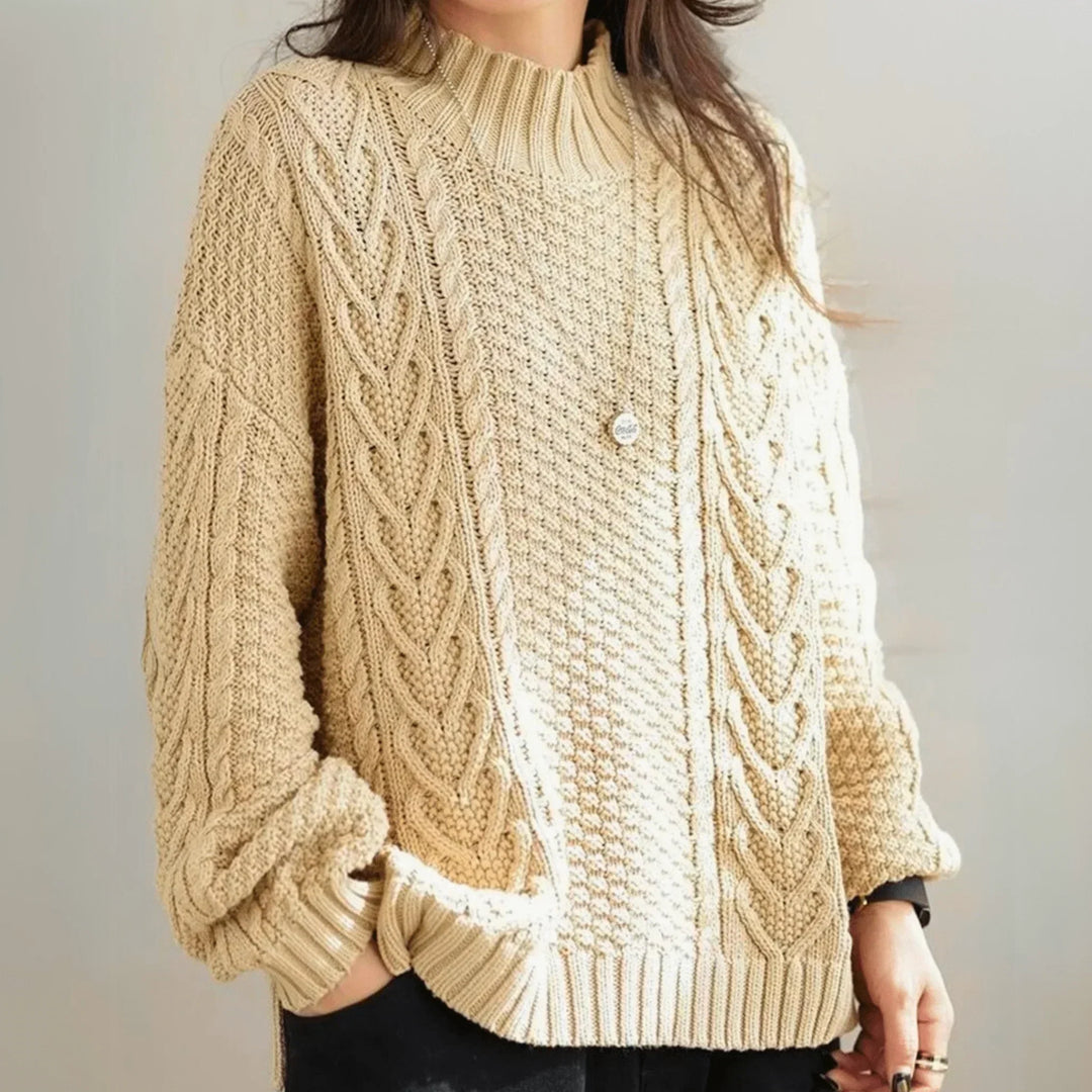 Women's Chunky Knit Turtleneck Sweater with Cable Pattern, Loose Fit with Ribbed Cuffs