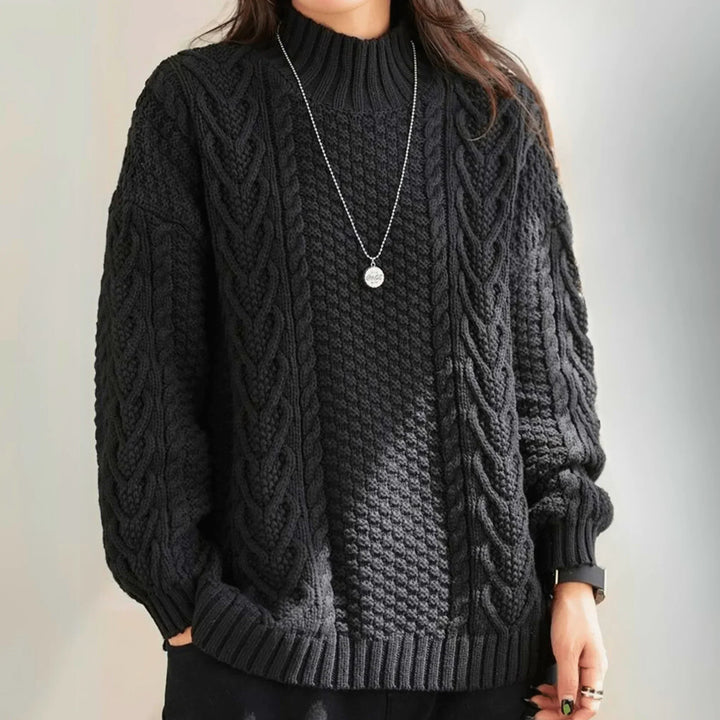 Women's Chunky Knit Turtleneck Sweater with Cable Pattern, Loose Fit with Ribbed Cuffs