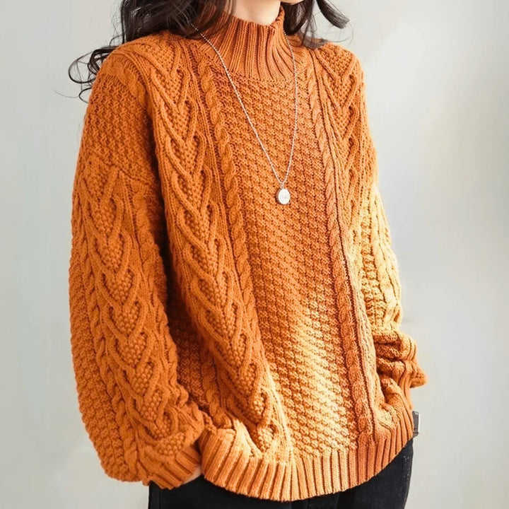 Women's Chunky Knit Turtleneck Sweater with Cable Pattern, Loose Fit with Ribbed Cuffs