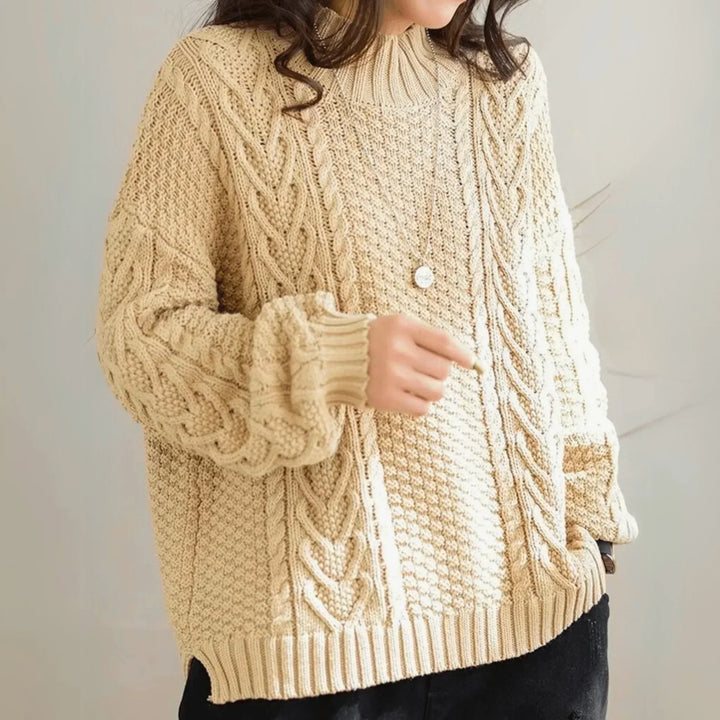 Women's Chunky Knit Turtleneck Sweater with Cable Pattern, Loose Fit with Ribbed Cuffs