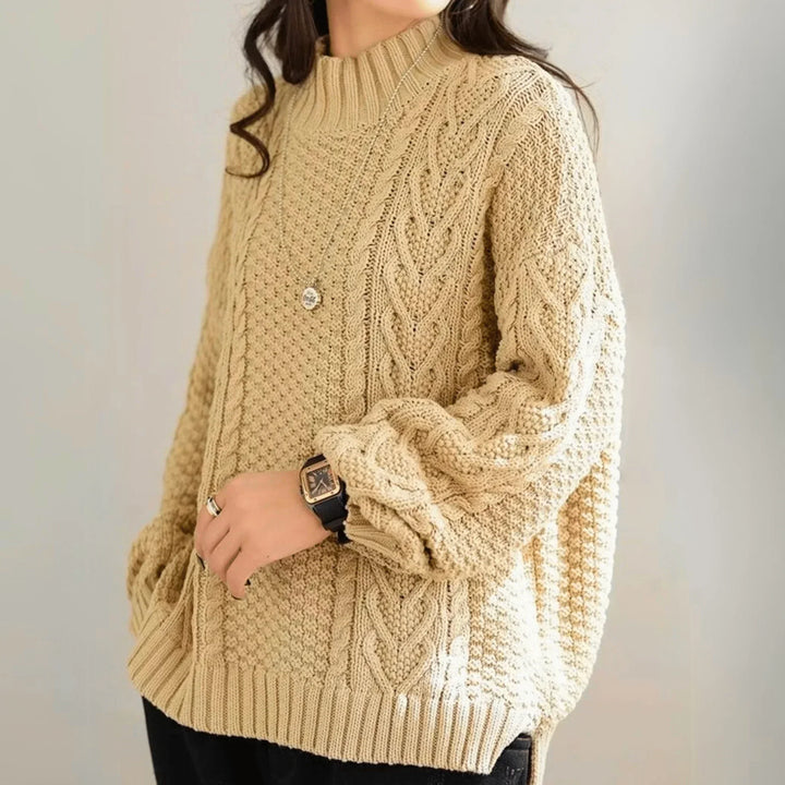 Women's Chunky Knit Turtleneck Sweater with Cable Pattern, Loose Fit with Ribbed Cuffs