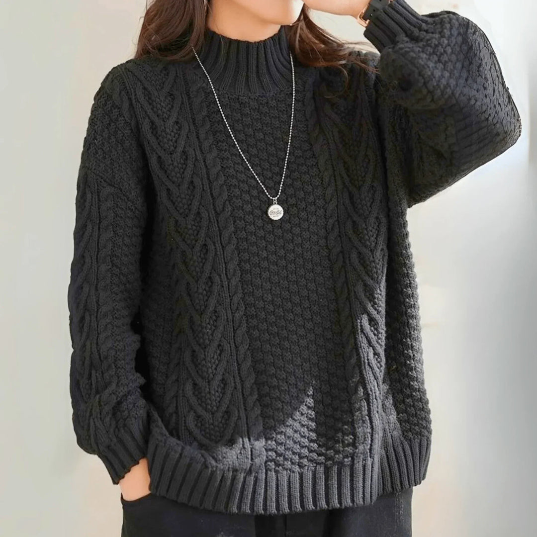 Women's Chunky Knit Turtleneck Sweater with Cable Pattern, Loose Fit with Ribbed Cuffs