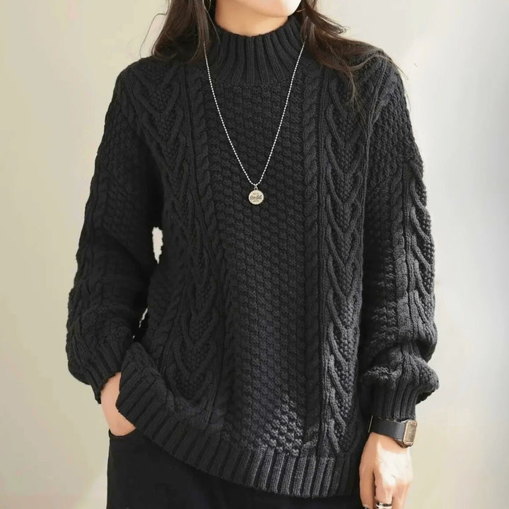 Women's Chunky Knit Turtleneck Sweater with Cable Pattern, Loose Fit with Ribbed Cuffs