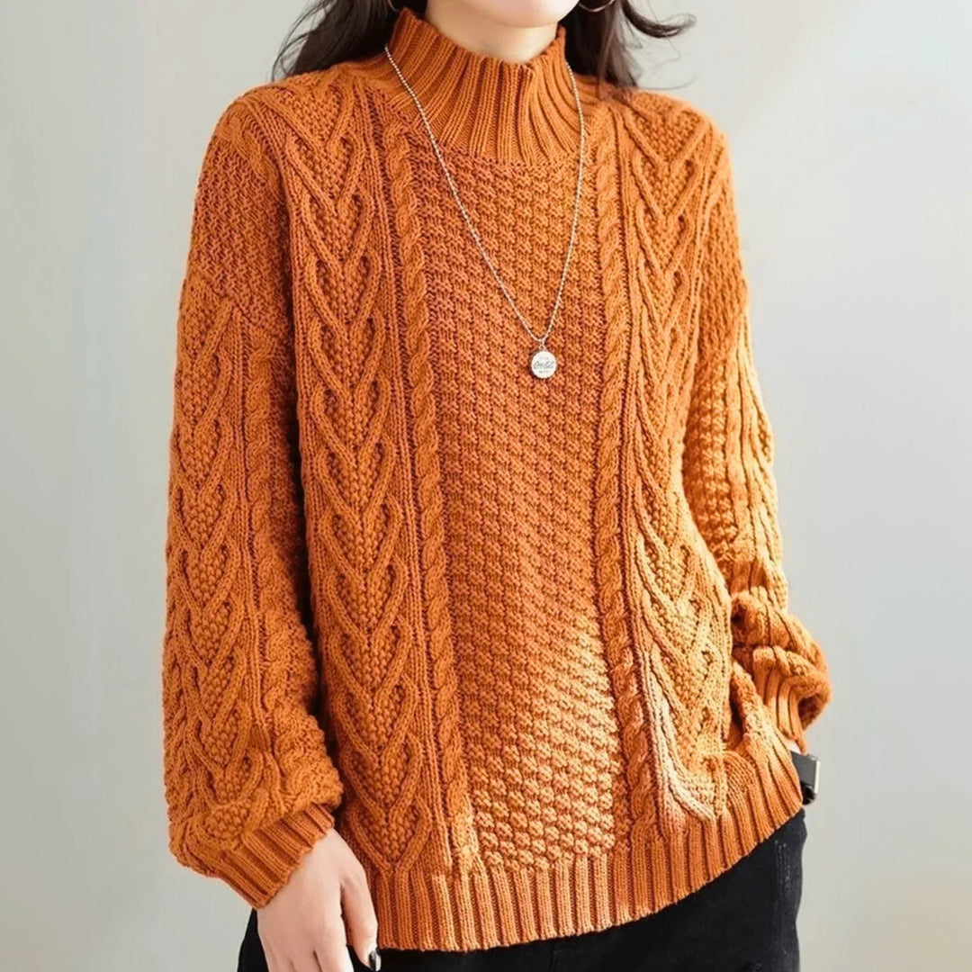 Women's Chunky Knit Turtleneck Sweater with Cable Pattern, Loose Fit with Ribbed Cuffs