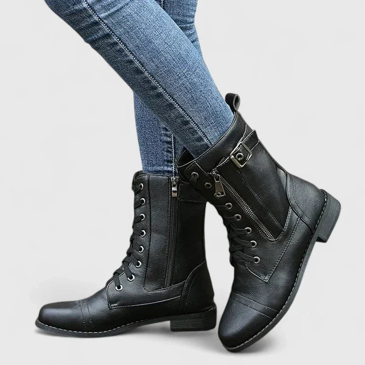 Women's Mid-Calf Boots, Lace-Up Design, Block Heel, Light Brown / Black / Gray