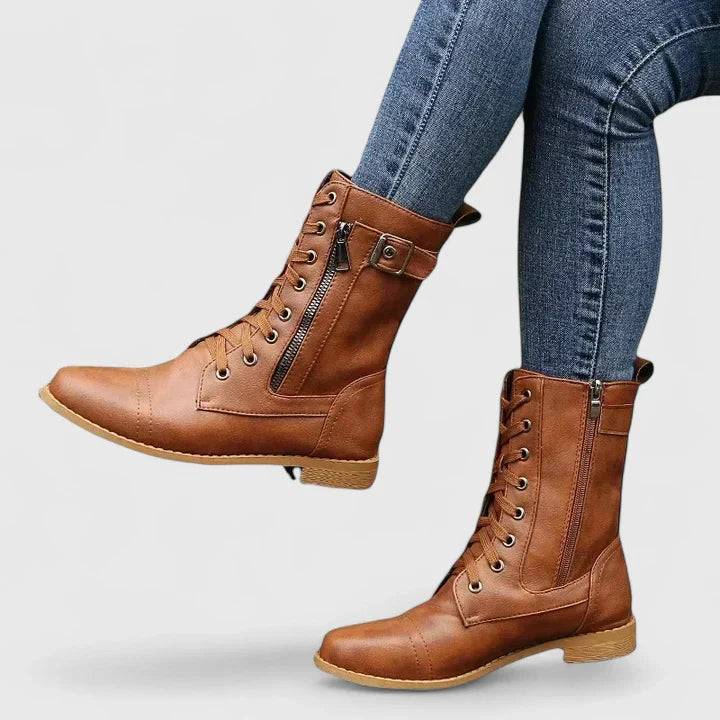 Women's Mid-Calf Boots, Lace-Up Design, Block Heel, Light Brown / Black / Gray