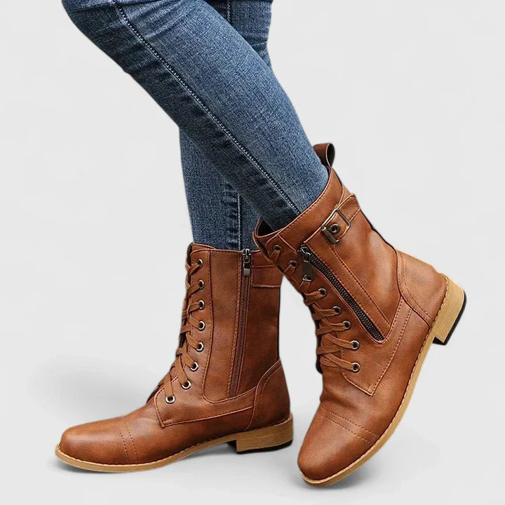 Women's Mid-Calf Boots, Lace-Up Design, Block Heel, Light Brown / Black / Gray
