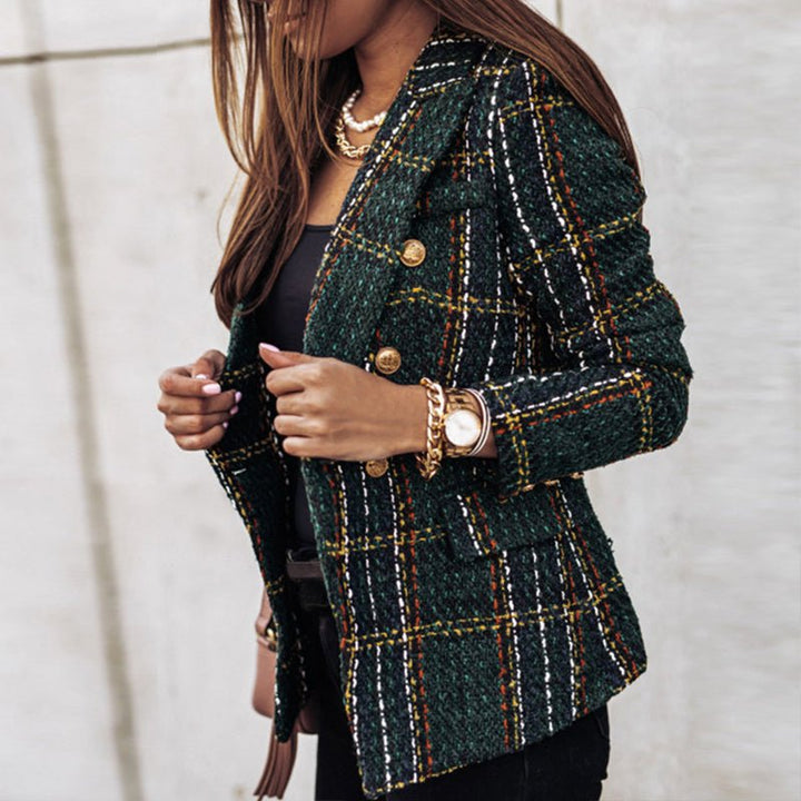 Checked Tweed Women's Blazer with Double Button Closure and Flap Pockets, view 2 - Elena Harper