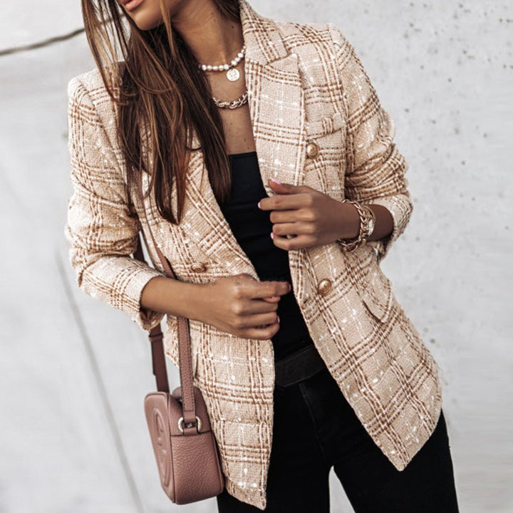 Checked Tweed Women's Blazer with Double Button Closure and Flap Pockets, view 3 - Elena Harper