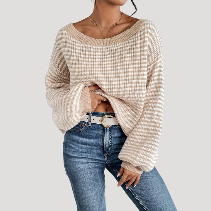 Elegant Striped Women's Sweater with Boat Neck – Oversized Knit