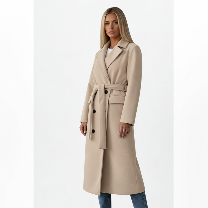 Ladies Long Coat Double-Breasted with Belt