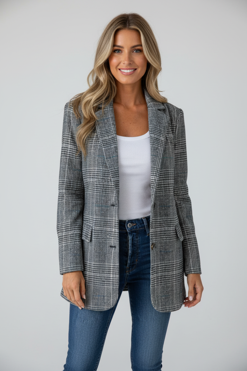 Checked Tailored Women's Blazer with Classic Lapels and Button Closure, view 2 - Elena Harper