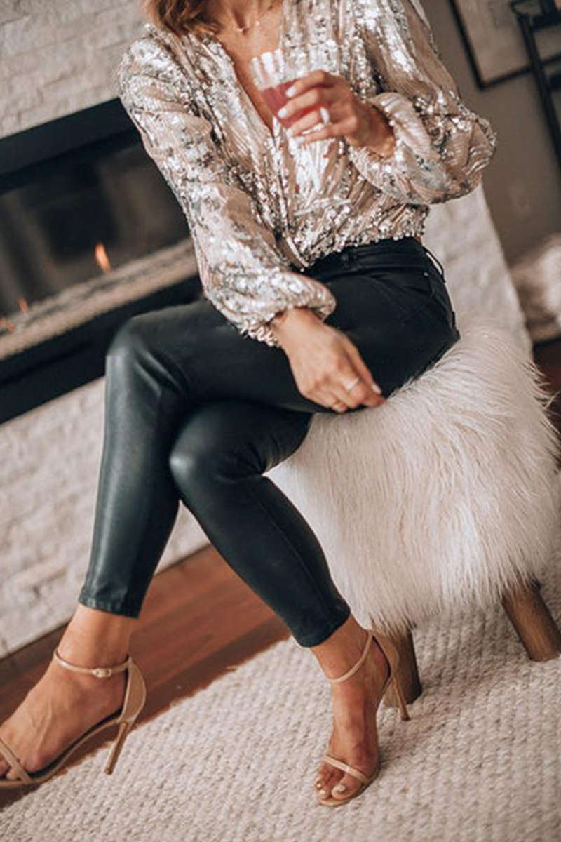 Dania | Long Sleeve Sequin V-Neck Blouse
