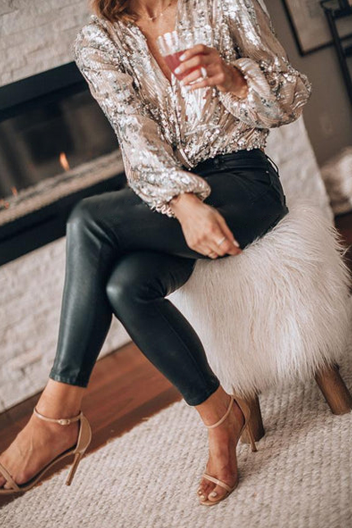 Dania | Long Sleeve Sequin V-Neck Blouse
