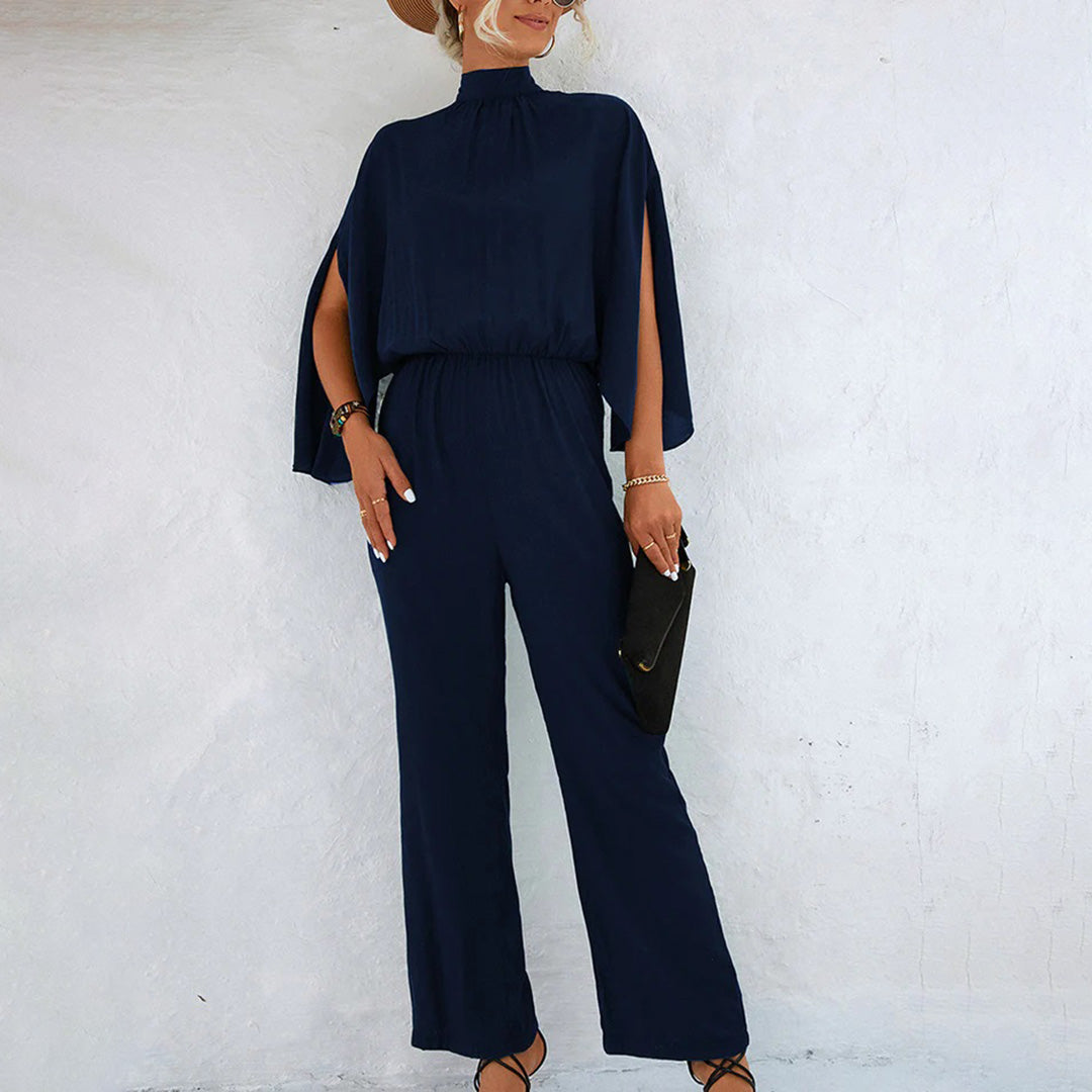 Elegant Wide Jumpsuit for Women – High Neck with Split Cape Sleeves 3/4