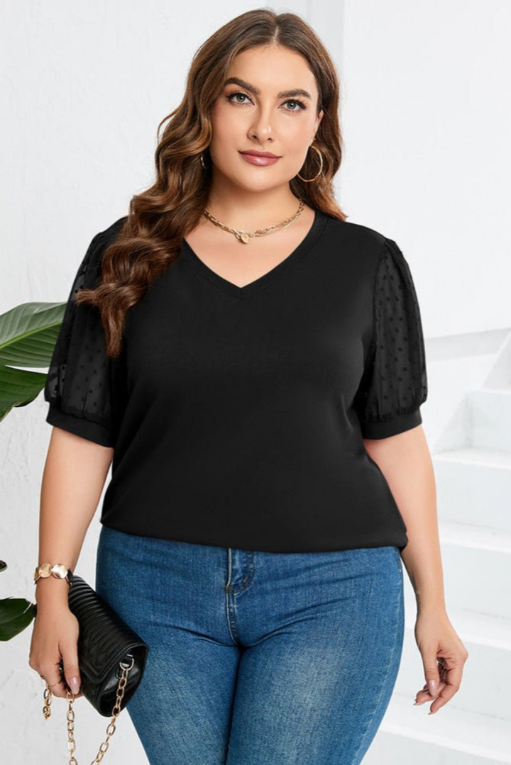 Della | Women's Cotton V-Neck Swiss Dot Mesh Puff Sleeve Top