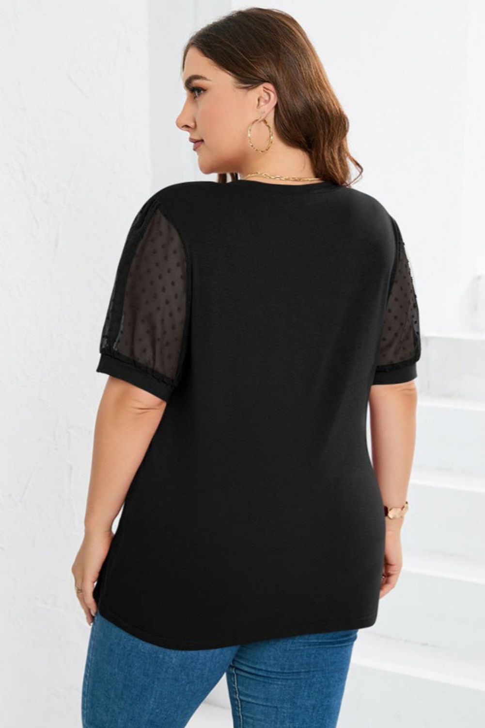 Della | Women's Cotton V-Neck Swiss Dot Mesh Puff Sleeve Top